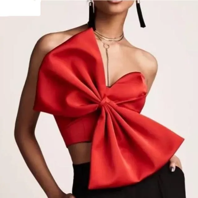 Sexy Satin Strapless Bowtie Cop Top