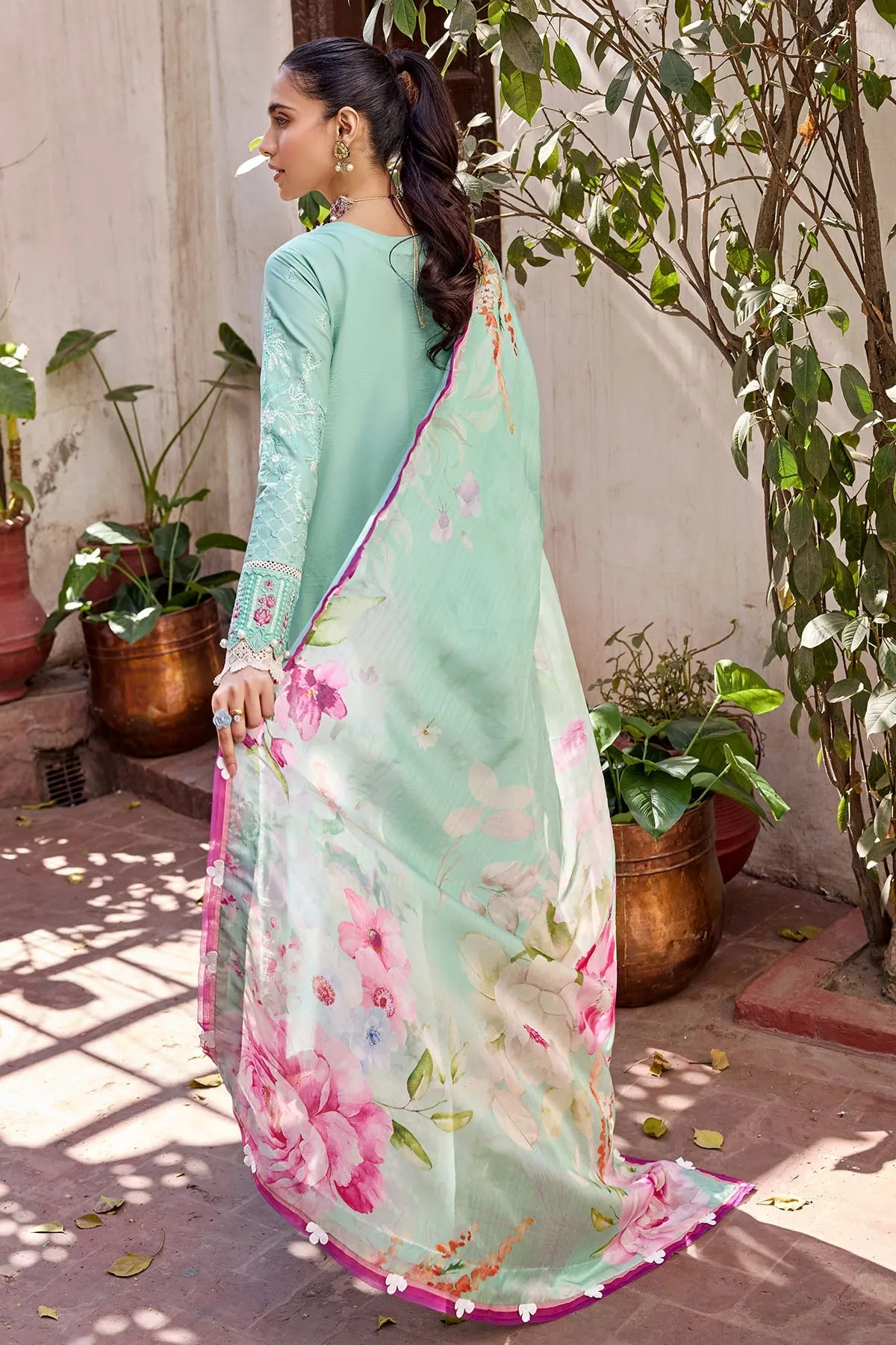 Sky Blue Kameez with Trousers and Dupatta Embellished Eid Dress