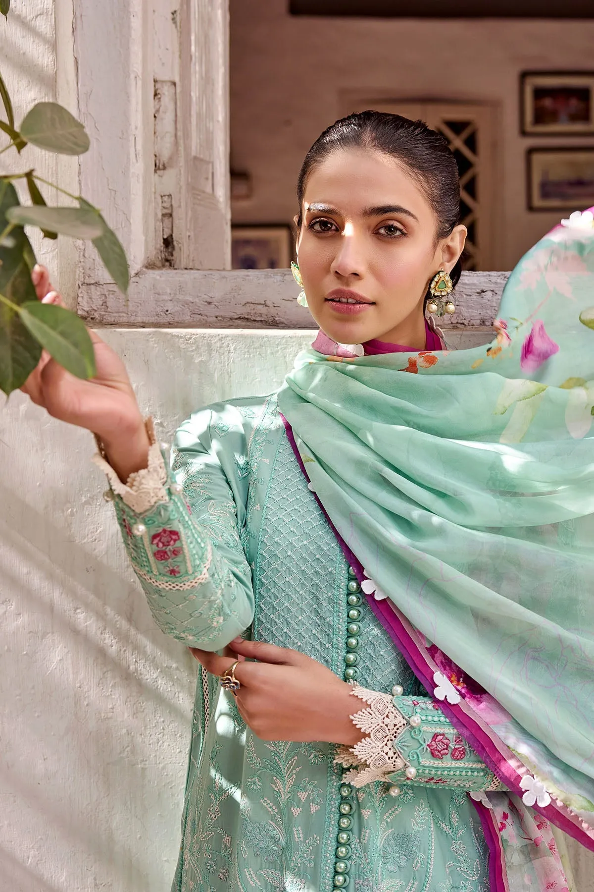 Sky Blue Kameez with Trousers and Dupatta Embellished Eid Dress