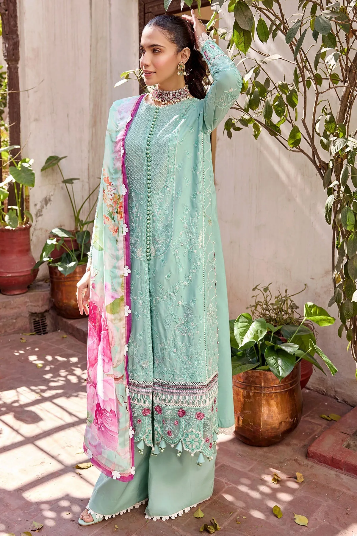 Sky Blue Kameez with Trousers and Dupatta Embellished Eid Dress