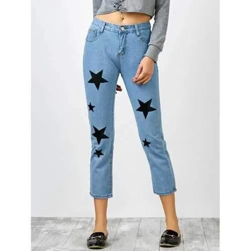 Star Print Jeans with Pockets - Blue Xl