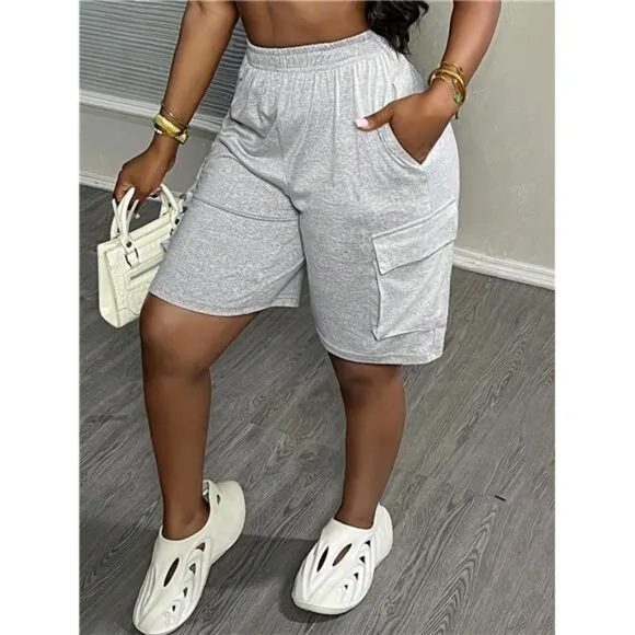 Summer New Casual Street Side Work Pocket Wide Leg Five-Quarter Gray Shorts