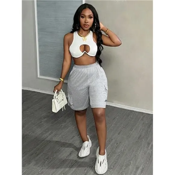 Summer New Casual Street Side Work Pocket Wide Leg Five-Quarter Gray Shorts