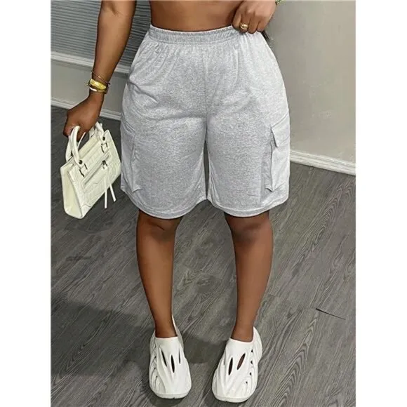 Summer New Casual Street Side Work Pocket Wide Leg Five-Quarter Gray Shorts