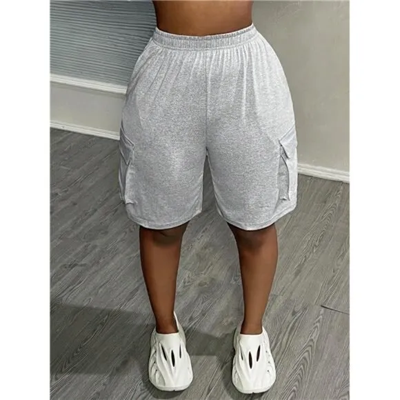 Summer New Casual Street Side Work Pocket Wide Leg Five-Quarter Gray Shorts