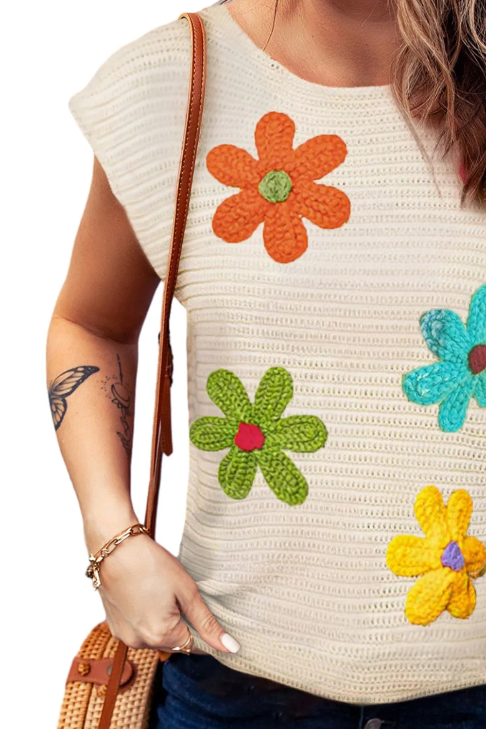 Sutton Flower Round Neck Cap Sleeve Knit Top