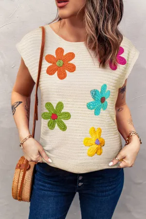 Sutton Flower Round Neck Cap Sleeve Knit Top