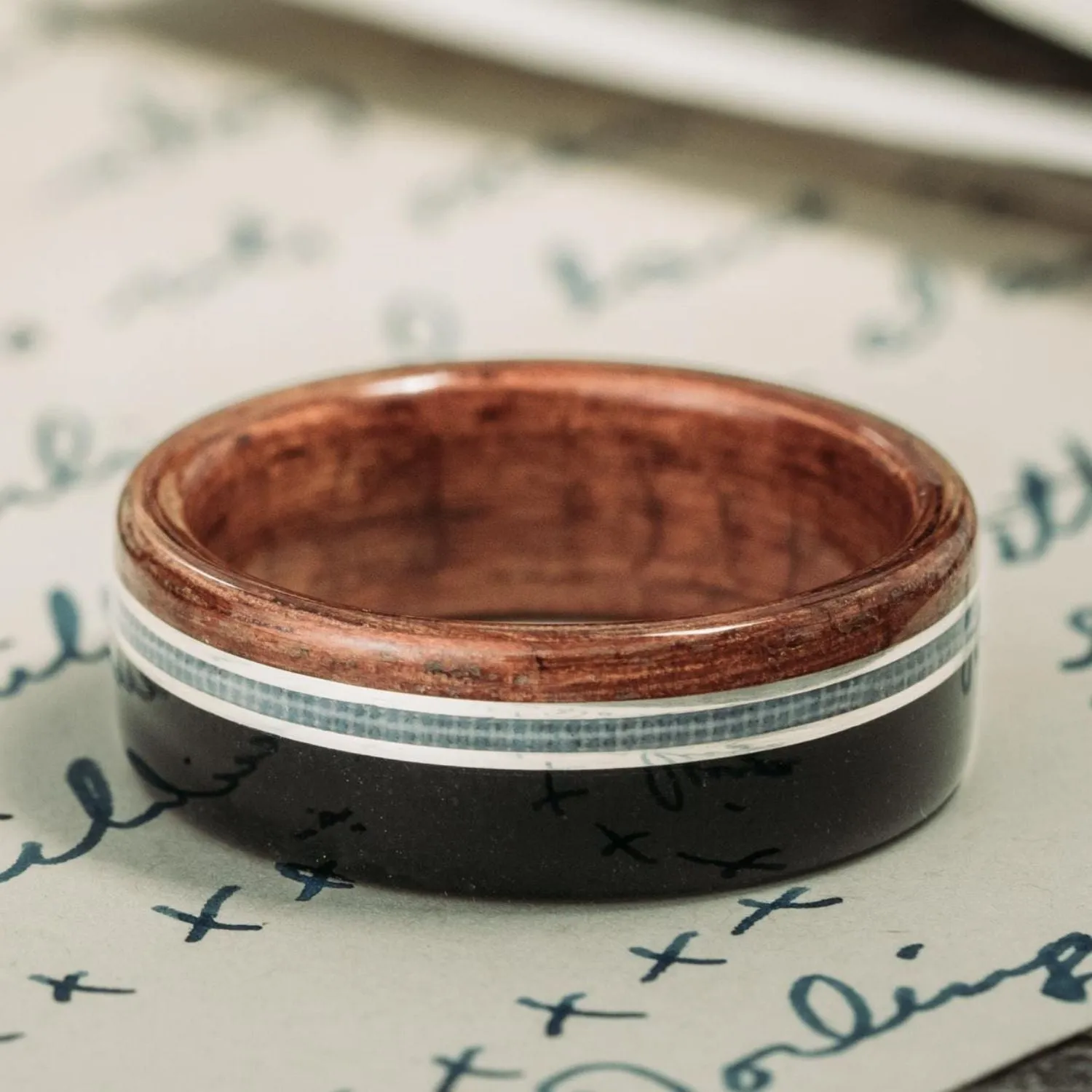 The Coast Guard | Men's Teak Wood Wedding Band with Coast Guard Uniform & Dual Metal Inlays