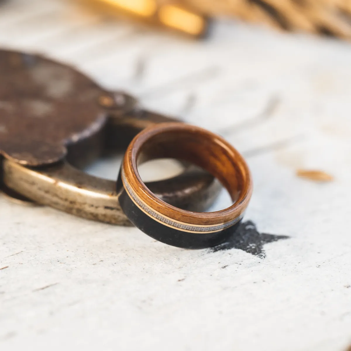 The Coast Guard | Men's Teak Wood Wedding Band with Coast Guard Uniform & Dual Metal Inlays
