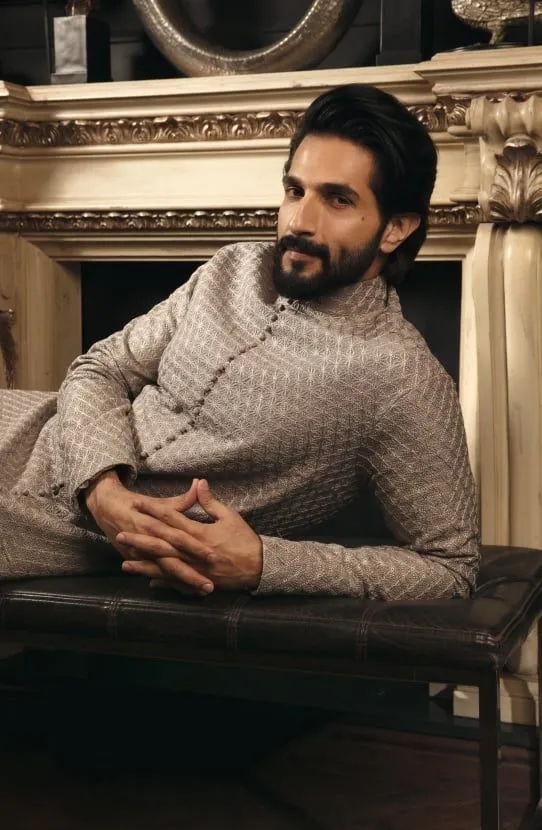Traditional Embroidered Pakistani Groom Sherwani with Silk Trousers