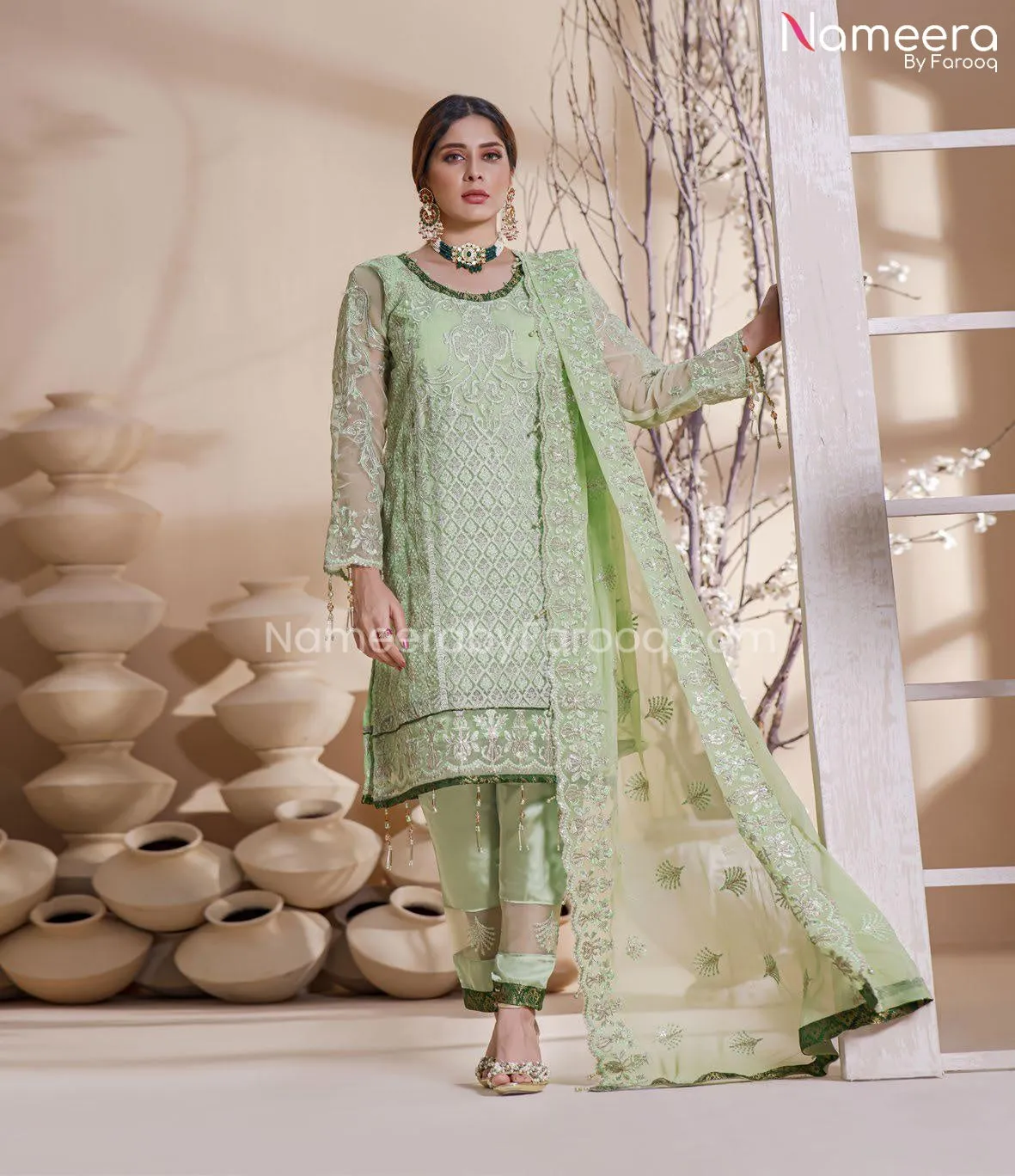 Traditional Pakistani Dress In Pistachio Color #PF216