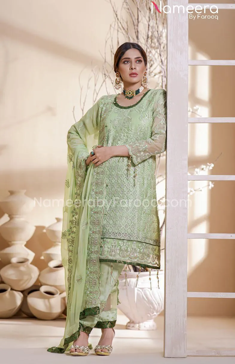 Traditional Pakistani Dress In Pistachio Color #PF216