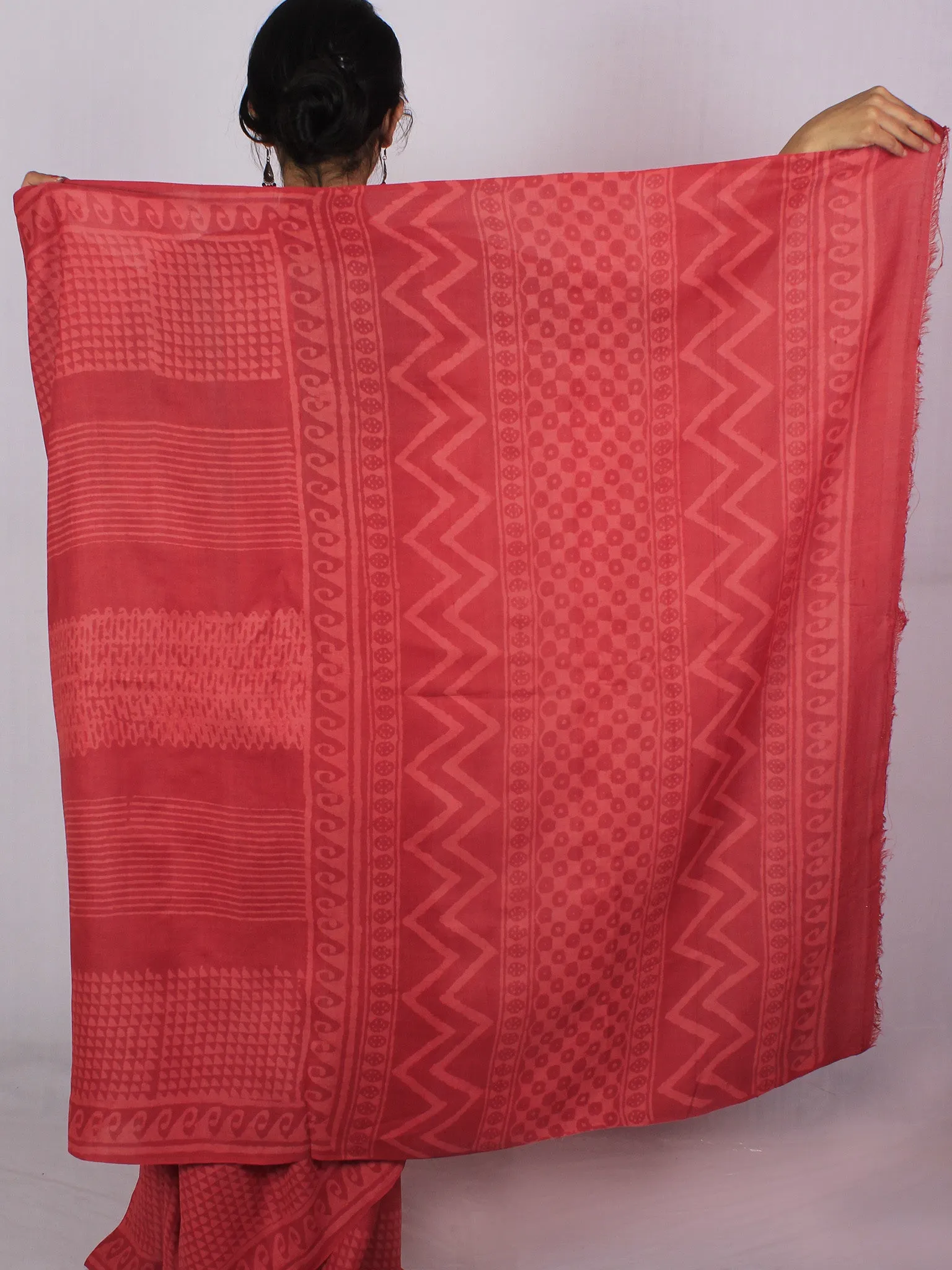 Tussar Handloom Silk Hand Block Printed Saree in Light Vermilion Red - S031701208