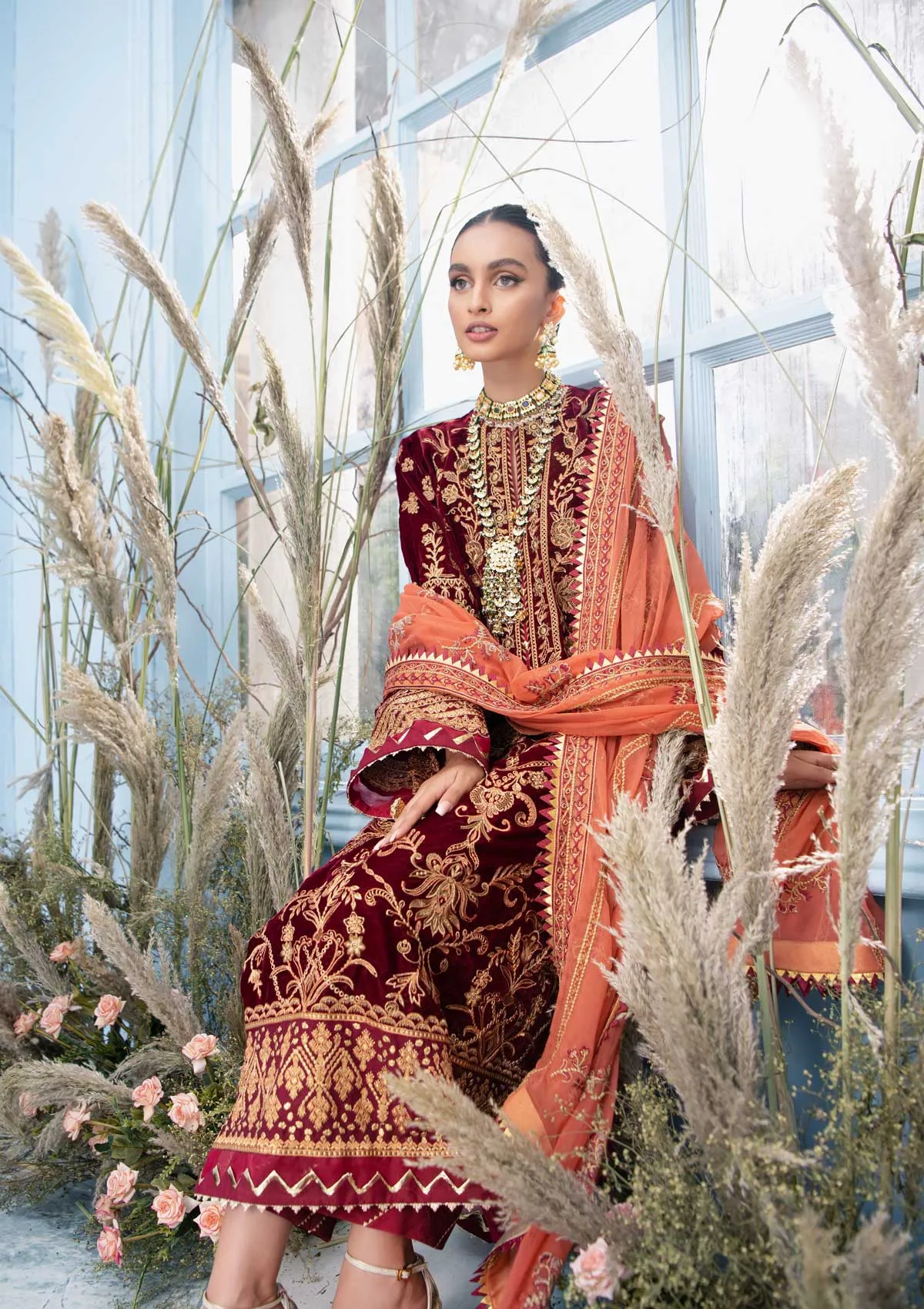 Velvet Pakistani Salwar Kameez in Maroon Shade #PF265