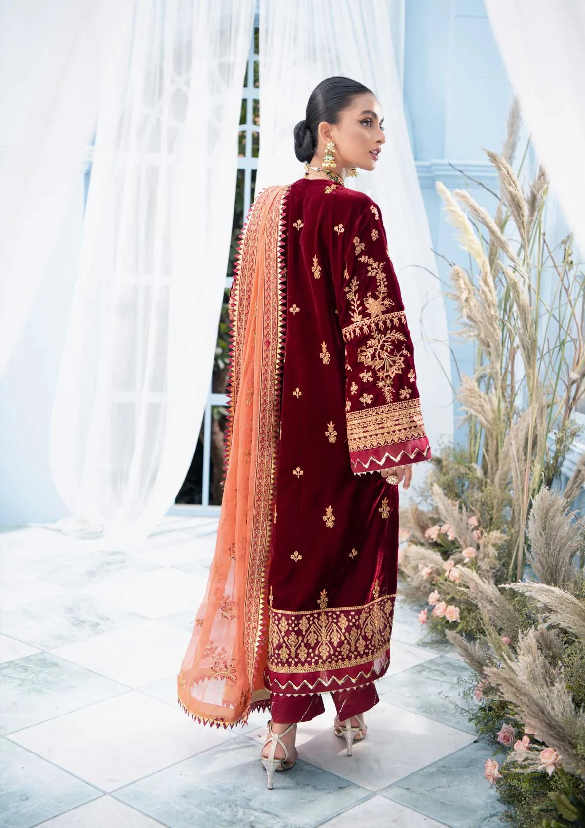 Velvet Pakistani Salwar Kameez in Maroon Shade #PF265