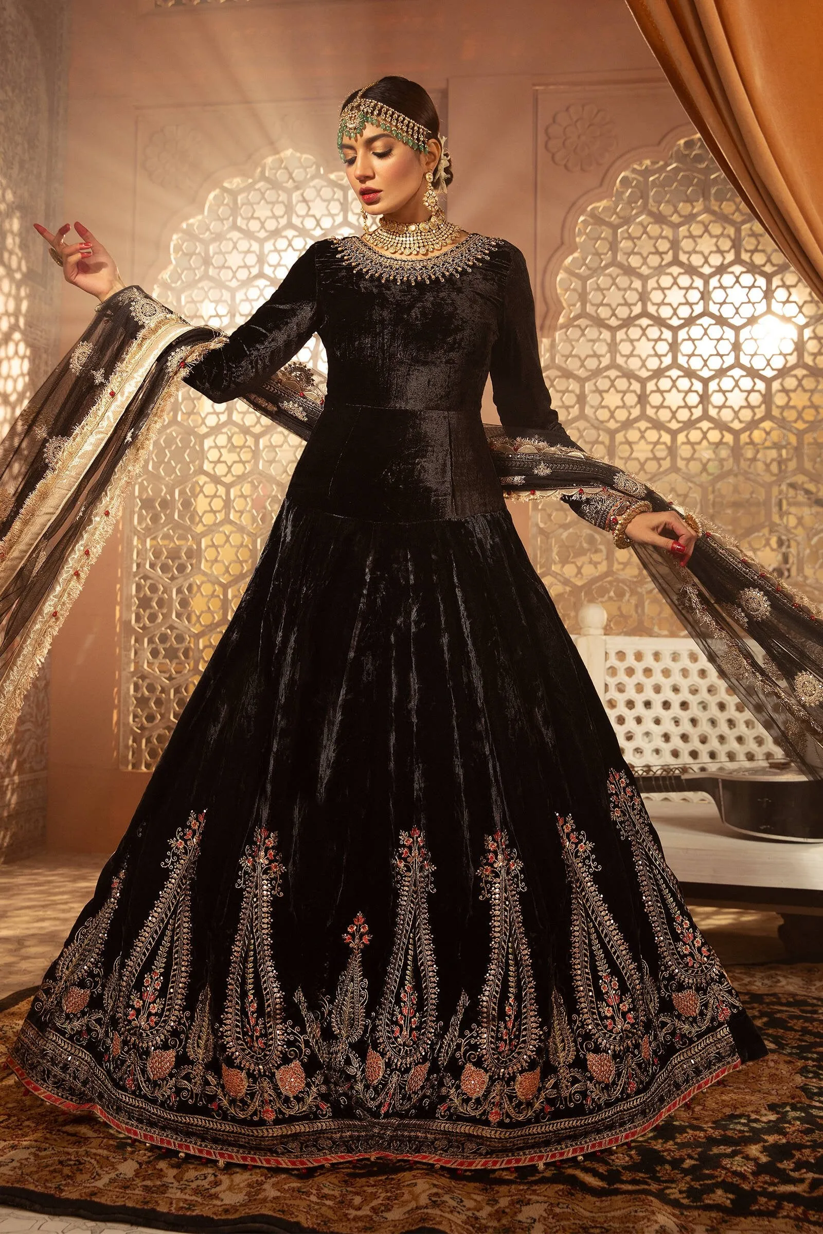 Velvet Pishwas Dress Pakistani in Black Color #PF307