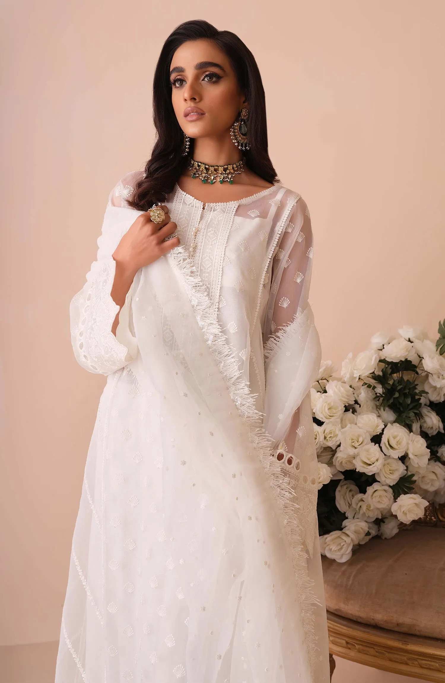 White Dress Pakistani in Long Kameez Trouser Style