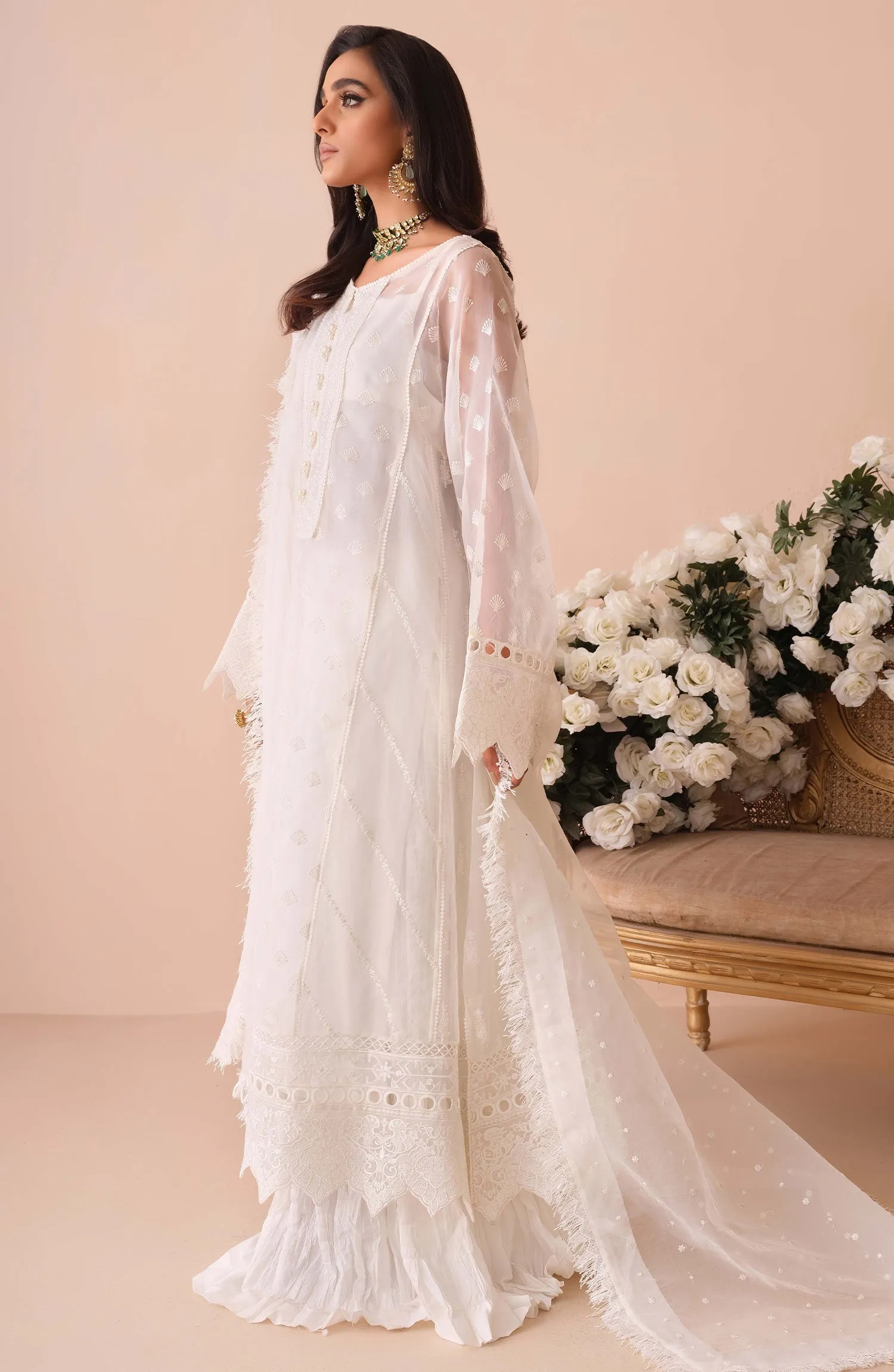 White Dress Pakistani in Long Kameez Trouser Style