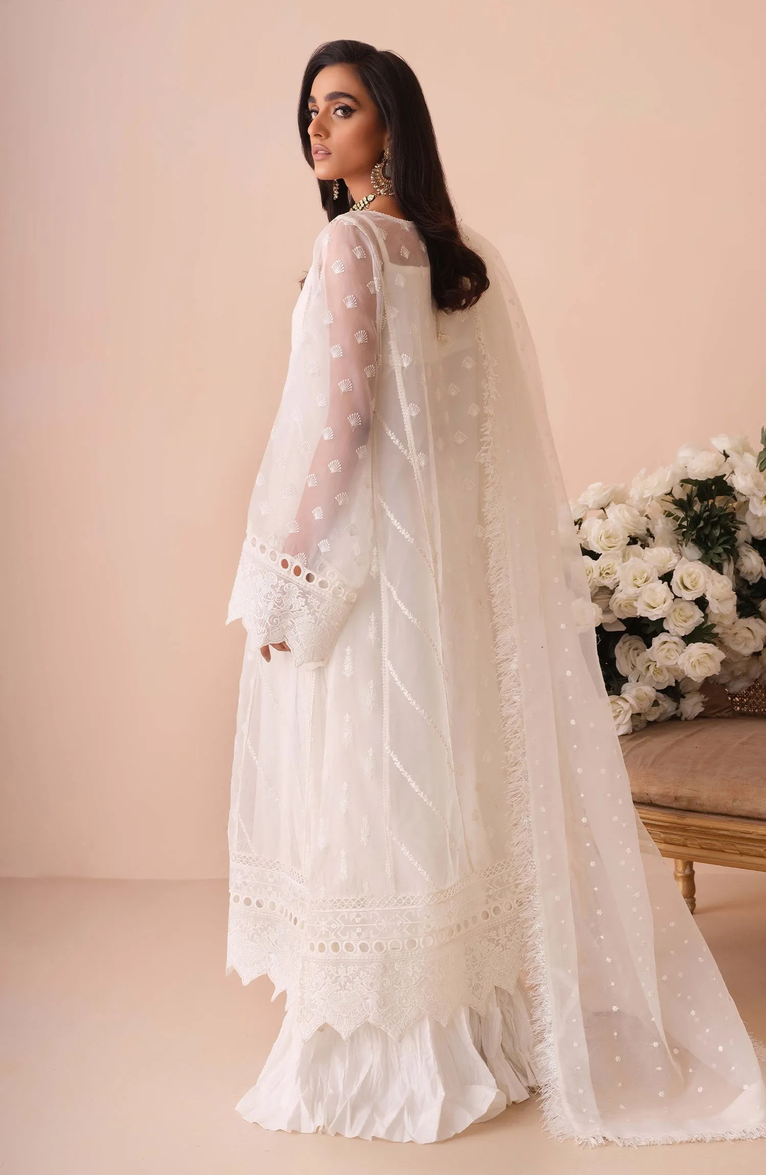 White Dress Pakistani in Long Kameez Trouser Style