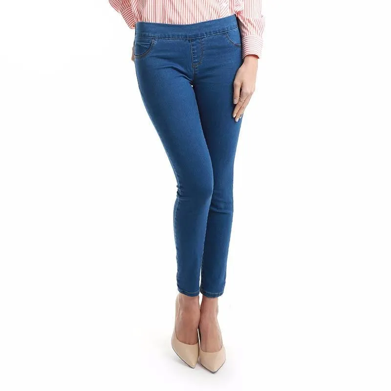 Women Medium Waist Washed Blue Slim Elastic Jeans
