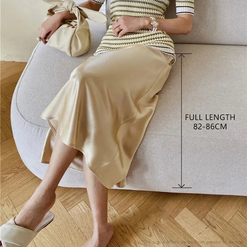 Women's Long Satin Style Midi Skirt Elegant High Waist Office A-line Solid Vintage Skirt
