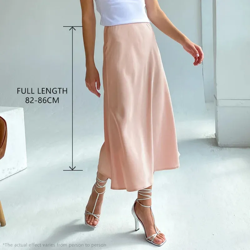 Women's Long Satin Style Midi Skirt Elegant High Waist Office A-line Solid Vintage Skirt