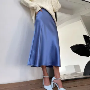 Women's Long Satin Style Midi Skirt Elegant High Waist Office A-line Solid Vintage Skirt