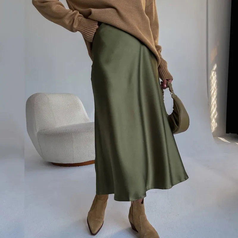 Women's Long Satin Style Midi Skirt Elegant High Waist Office A-line Solid Vintage Skirt