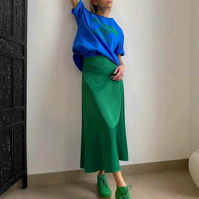 Women's Long Satin Style Midi Skirt Elegant High Waist Office A-line Solid Vintage Skirt