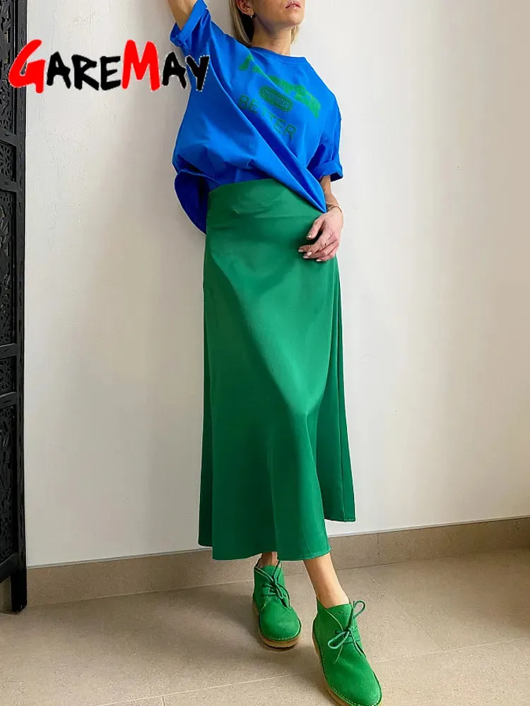 Women's Long Satin Style Midi Skirt Elegant High Waist Office A-line Solid Vintage Skirt