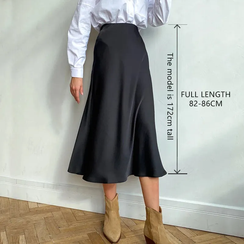 Women's Long Satin Style Midi Skirt Elegant High Waist Office A-line Solid Vintage Skirt