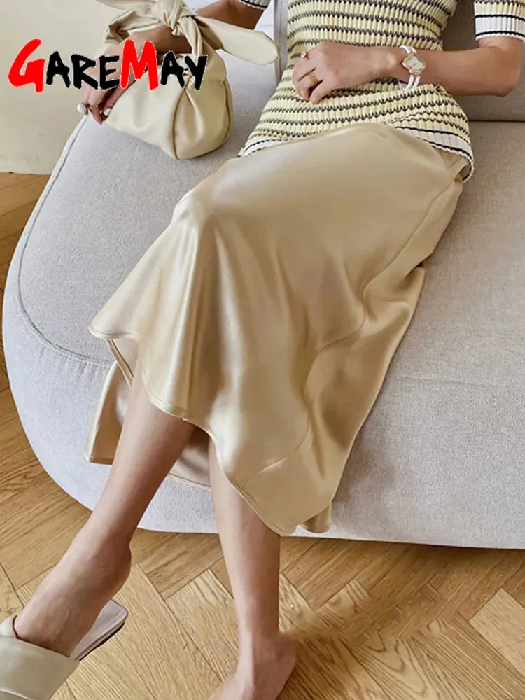 Women's Long Satin Style Midi Skirt Elegant High Waist Office A-line Solid Vintage Skirt