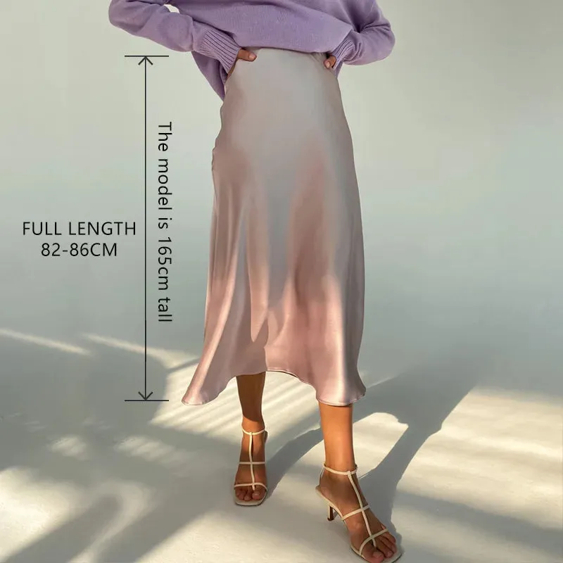 Women's Long Satin Style Midi Skirt Elegant High Waist Office A-line Solid Vintage Skirt