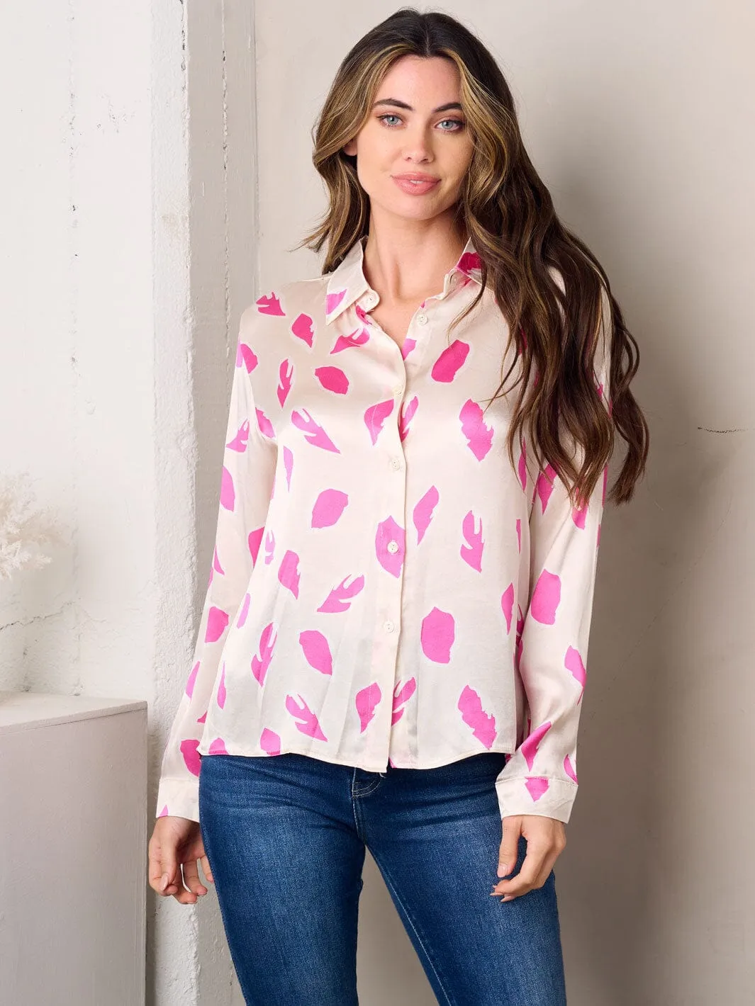 WOMEN'S LONG SLEEVE BUTTON UP PRINTED BLOUSE TOP