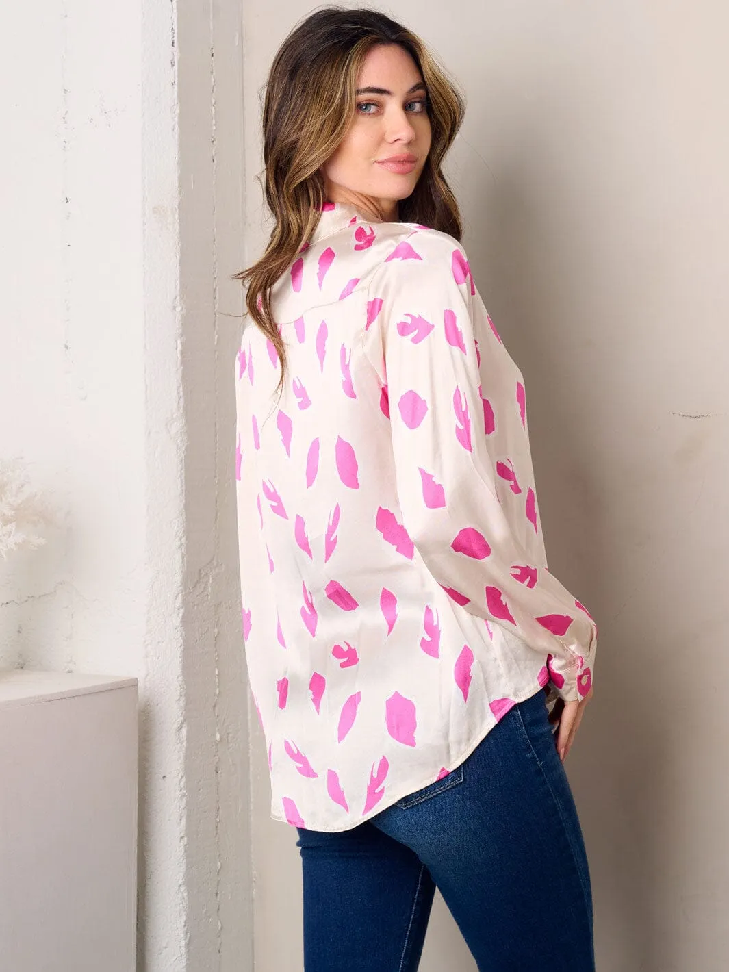 WOMEN'S LONG SLEEVE BUTTON UP PRINTED BLOUSE TOP