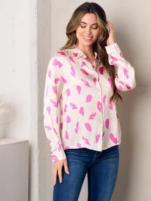 WOMEN'S LONG SLEEVE BUTTON UP PRINTED BLOUSE TOP