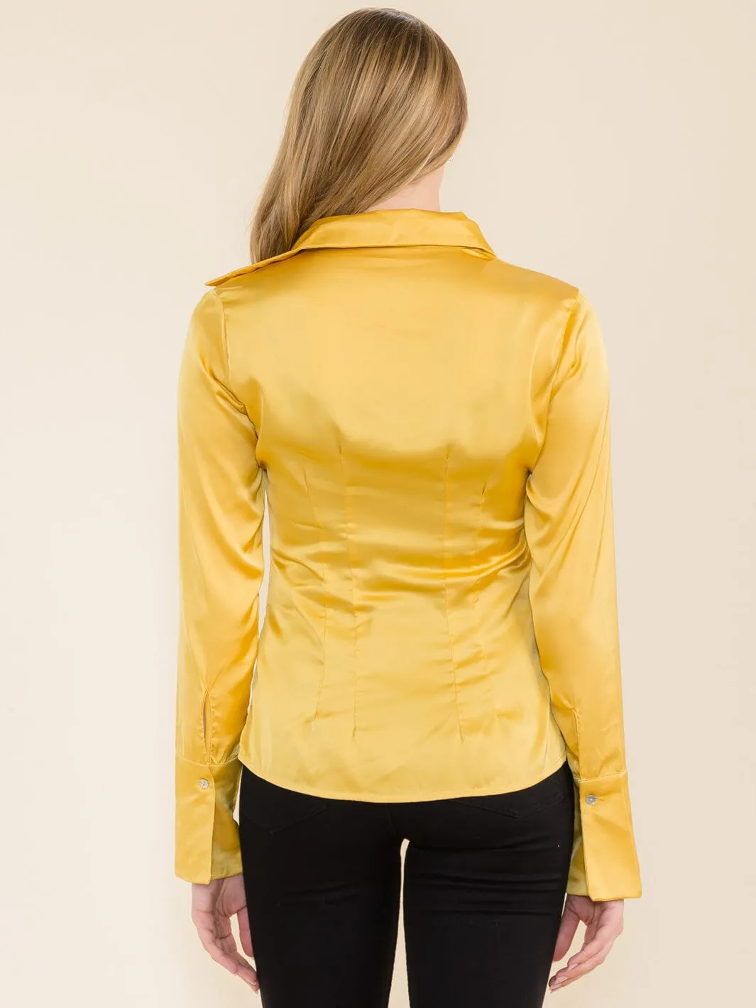 WOMEN'S LONG SLEEVE BUTTON UP SATIN BLOUSE