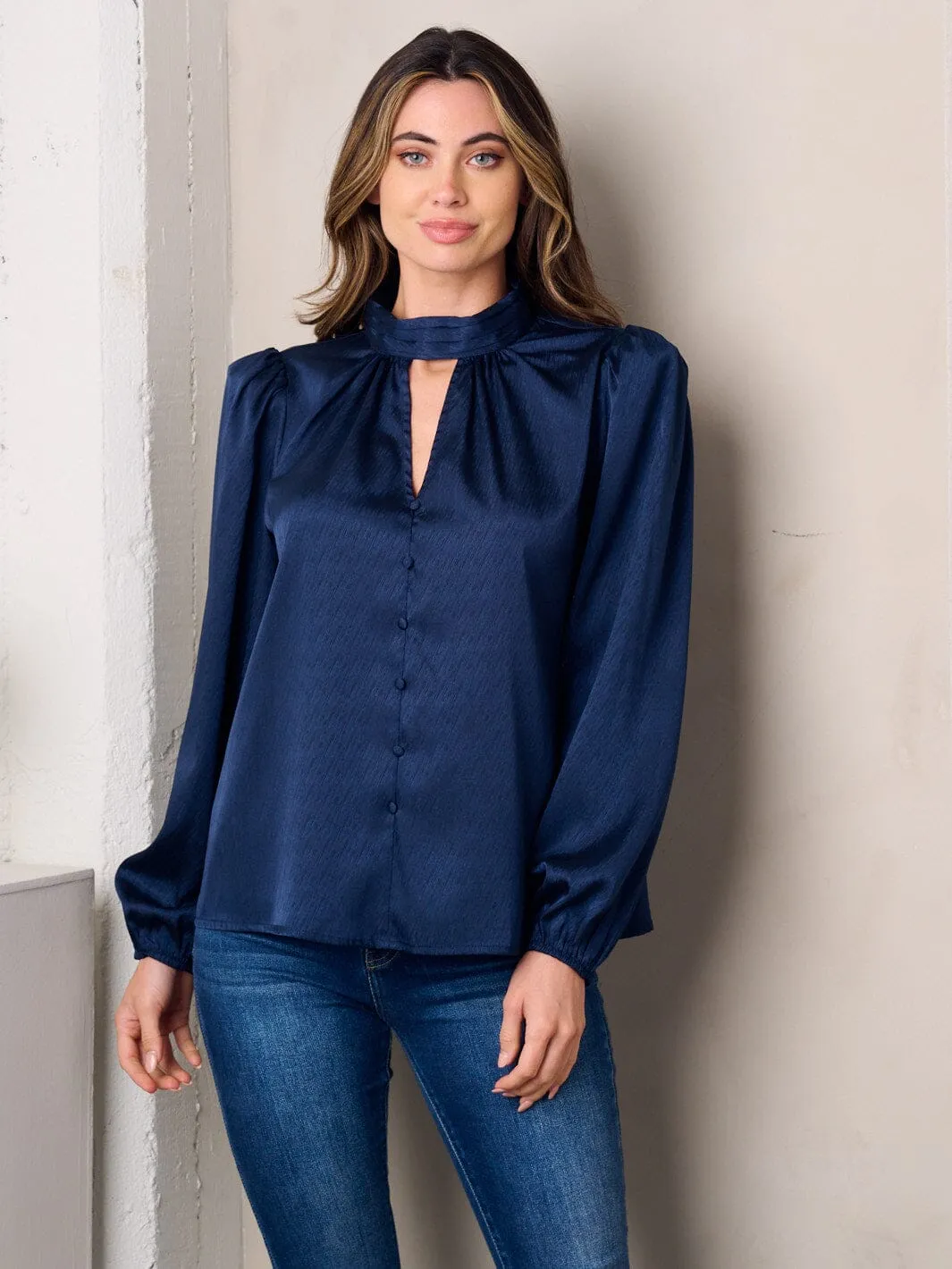 WOMEN'S LONG SLEEVE MOCK NECK KEY HOLE SATIN TOP