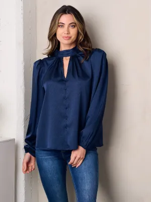 WOMEN'S LONG SLEEVE MOCK NECK KEY HOLE SATIN TOP