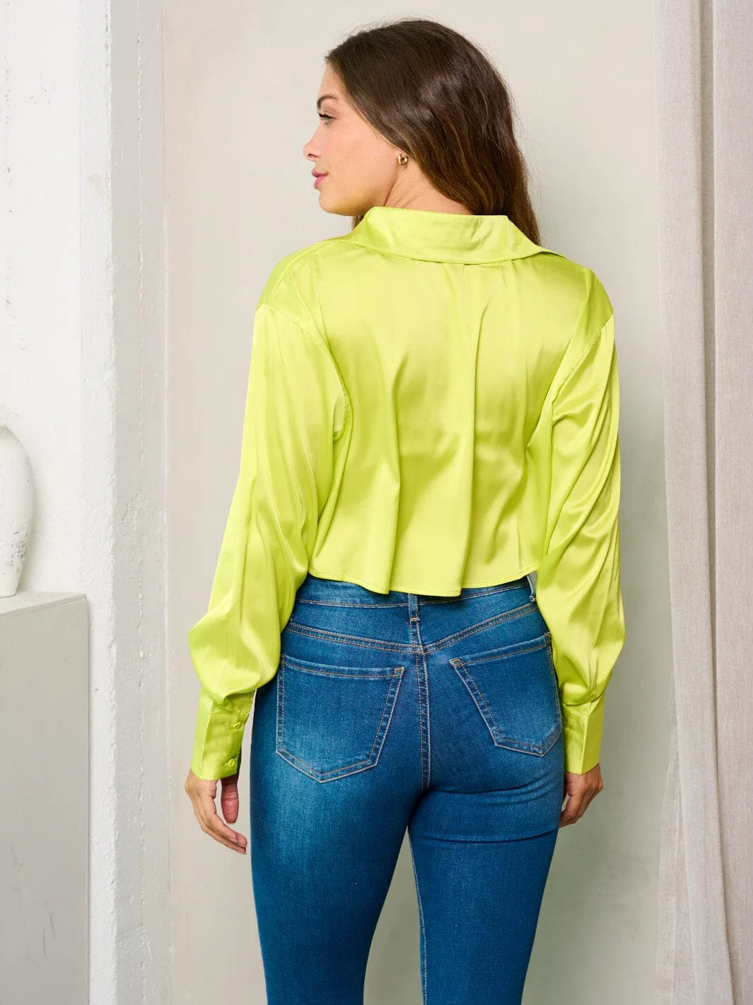 WOMEN'S LONG SLEEVES BUTTON UP SATIN BLOUSE TOP