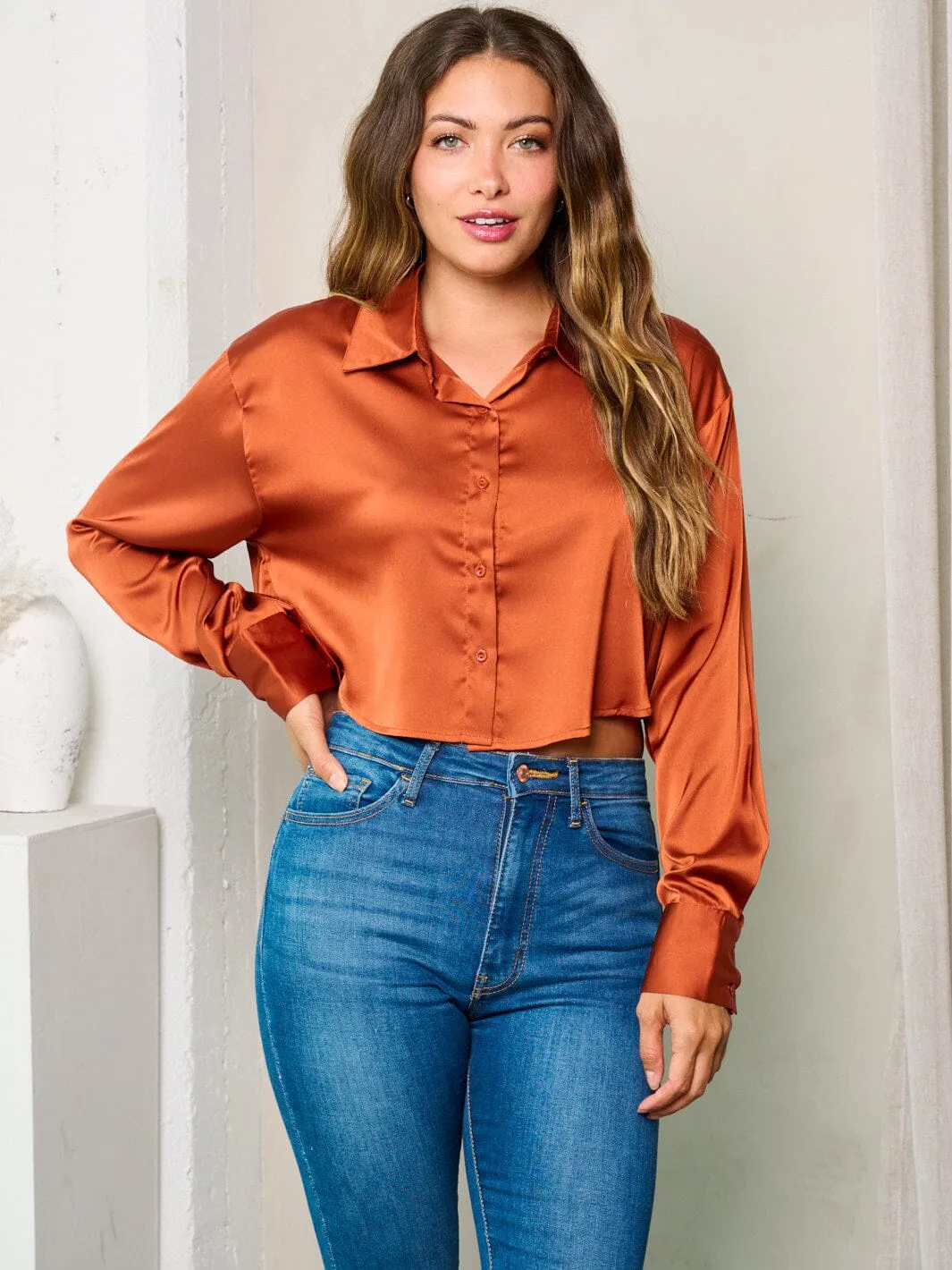 WOMEN'S LONG SLEEVES BUTTON UP SATIN BLOUSE TOP