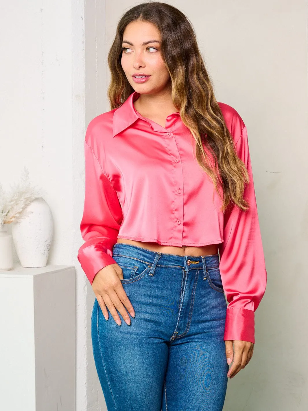 WOMEN'S LONG SLEEVES BUTTON UP SATIN BLOUSE TOP