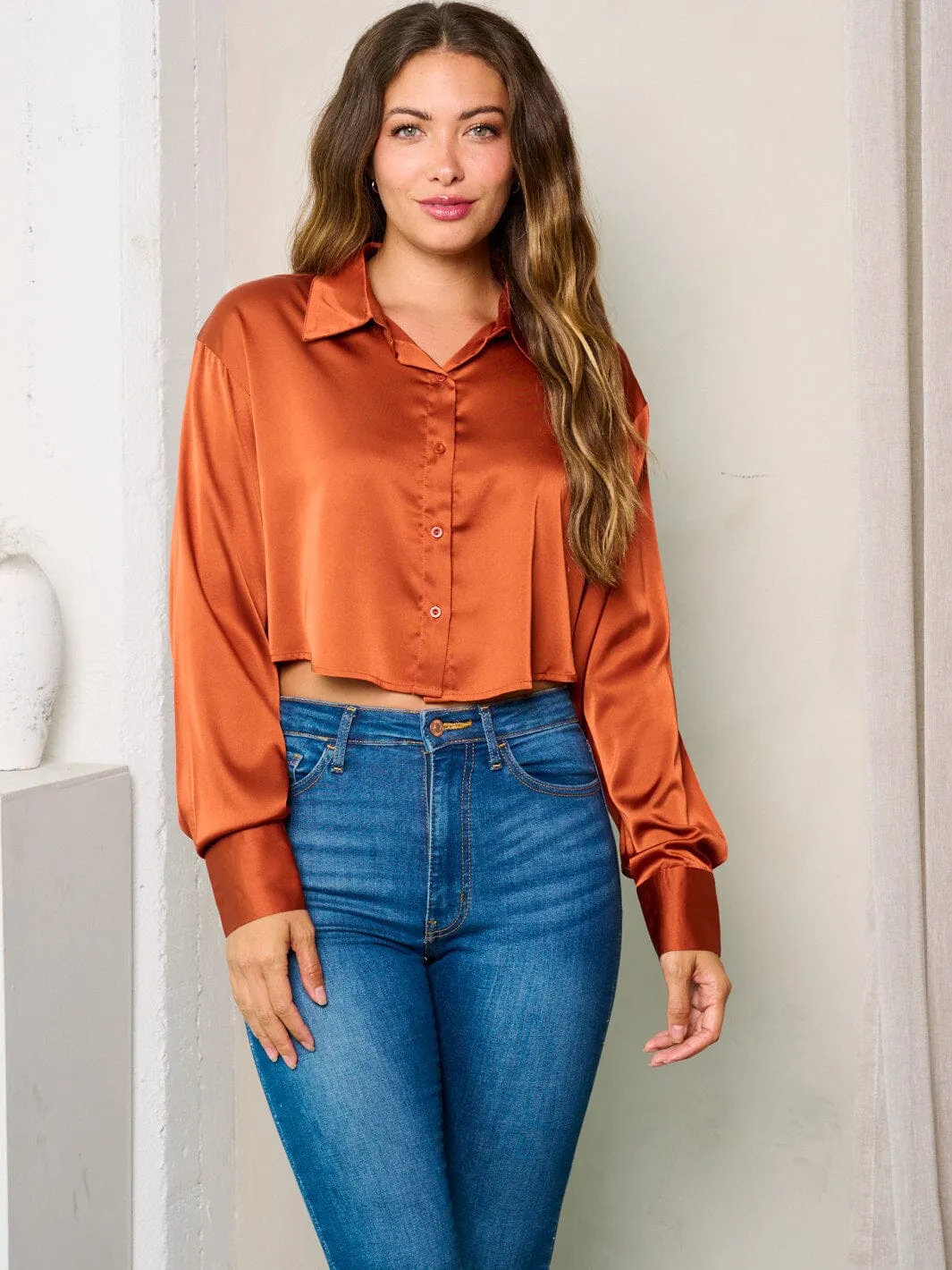 WOMEN'S LONG SLEEVES BUTTON UP SATIN BLOUSE TOP