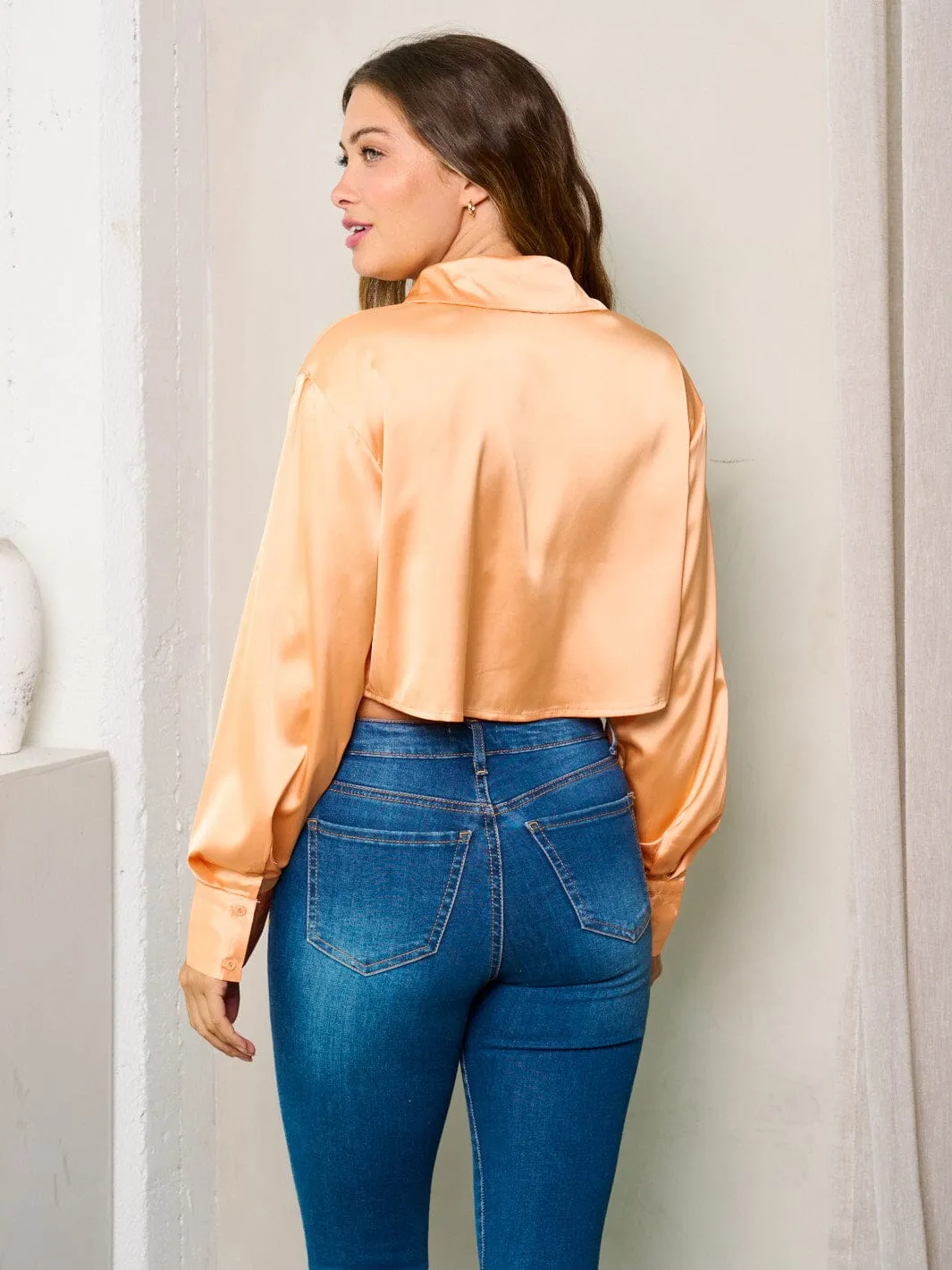 WOMEN'S LONG SLEEVES BUTTON UP SATIN BLOUSE TOP