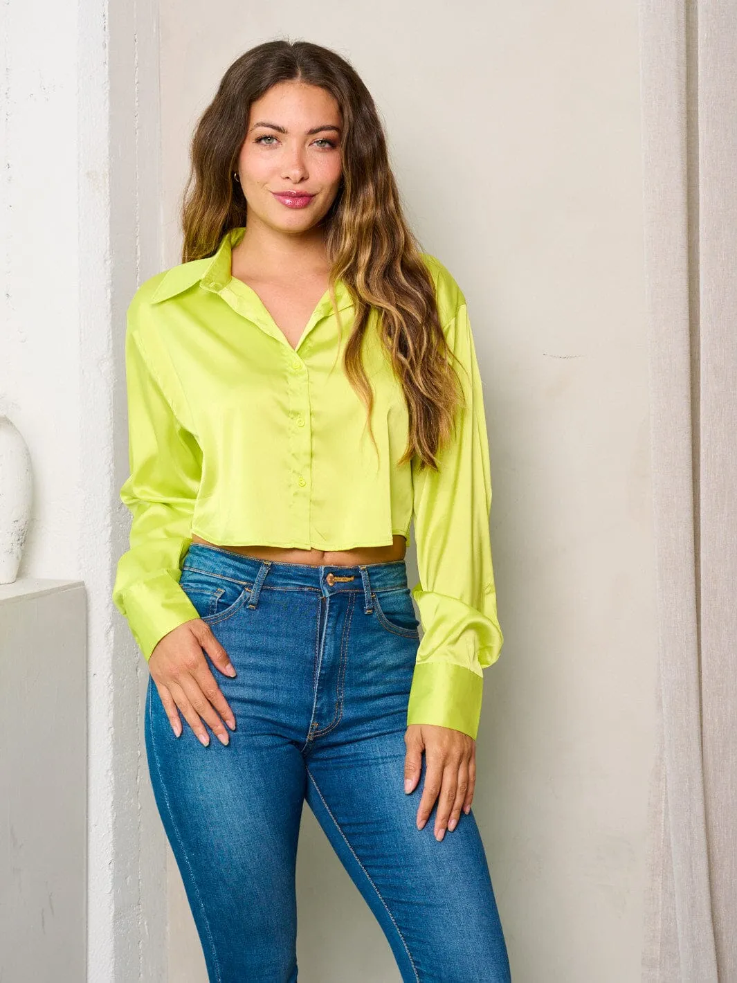 WOMEN'S LONG SLEEVES BUTTON UP SATIN BLOUSE TOP