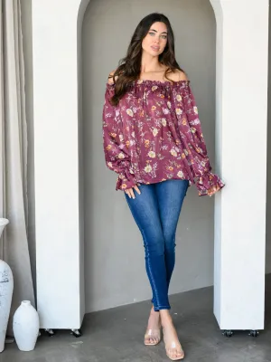 WOMEN'S OFF SHOULDER LONG SLEEVE SATIN FLORAL TUNIC TOP