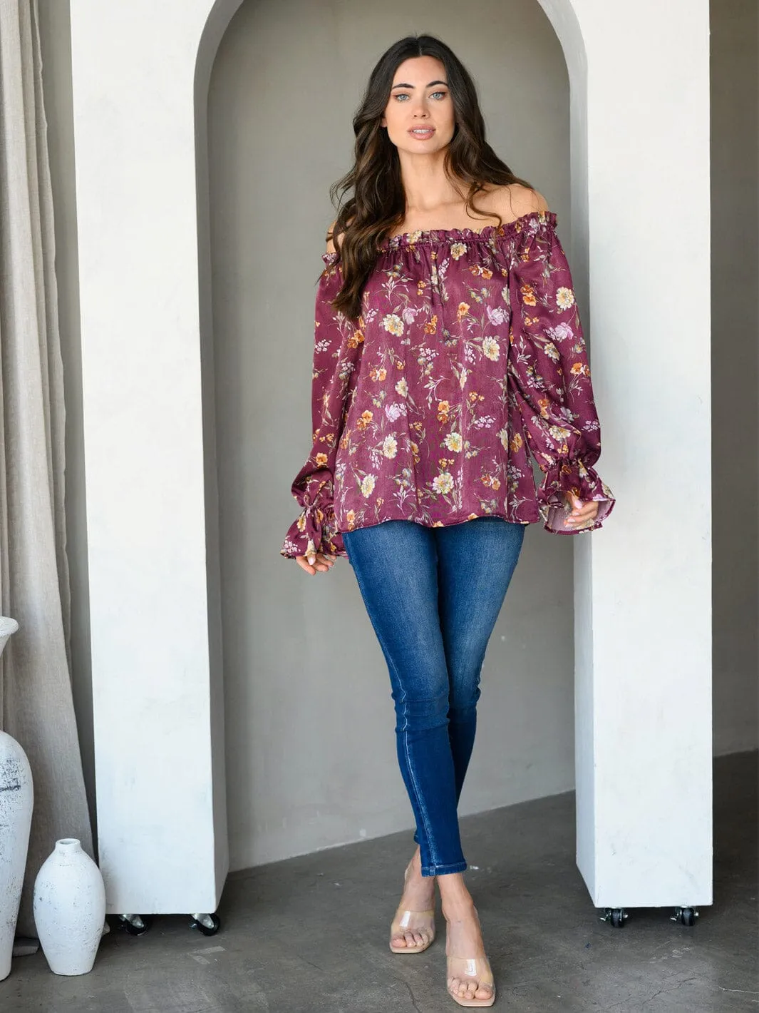 WOMEN'S OFF SHOULDER LONG SLEEVE SATIN FLORAL TUNIC TOP