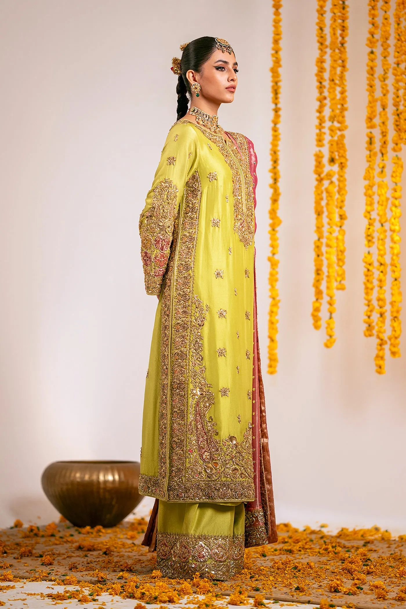 Yellow Mehndi Dress in Kameez Trouser Dupatta Style