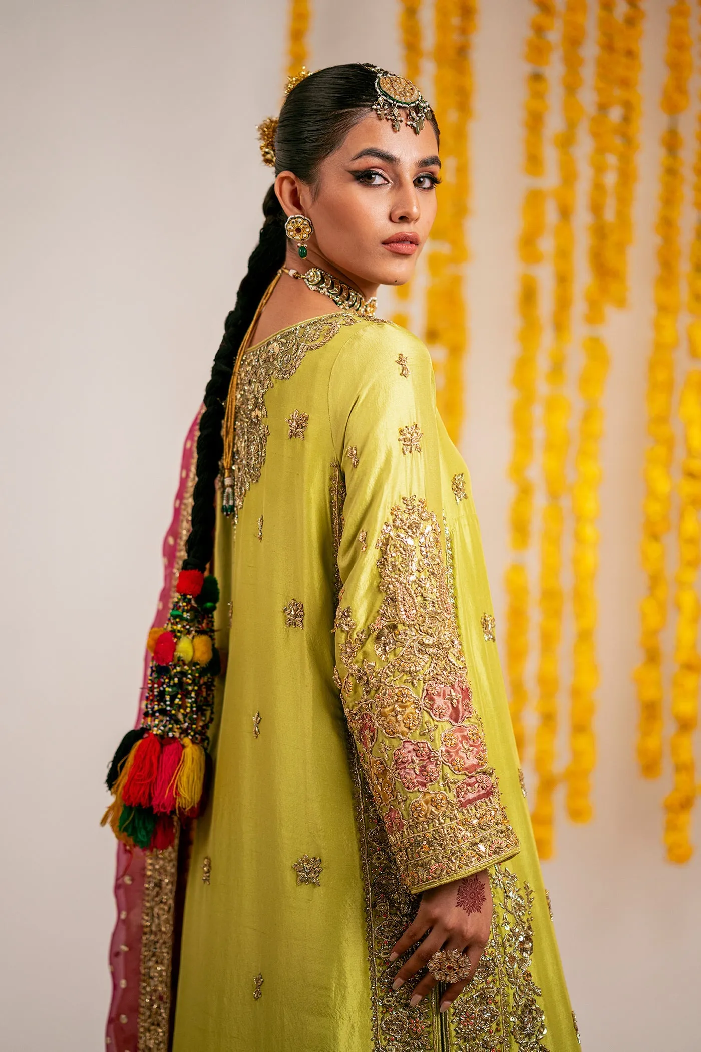 Yellow Mehndi Dress in Kameez Trouser Dupatta Style