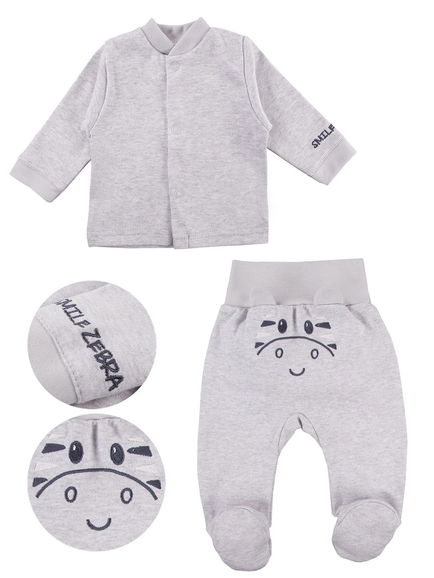 Zebra Design Top & Embroidered Face Trousers Set - Grey